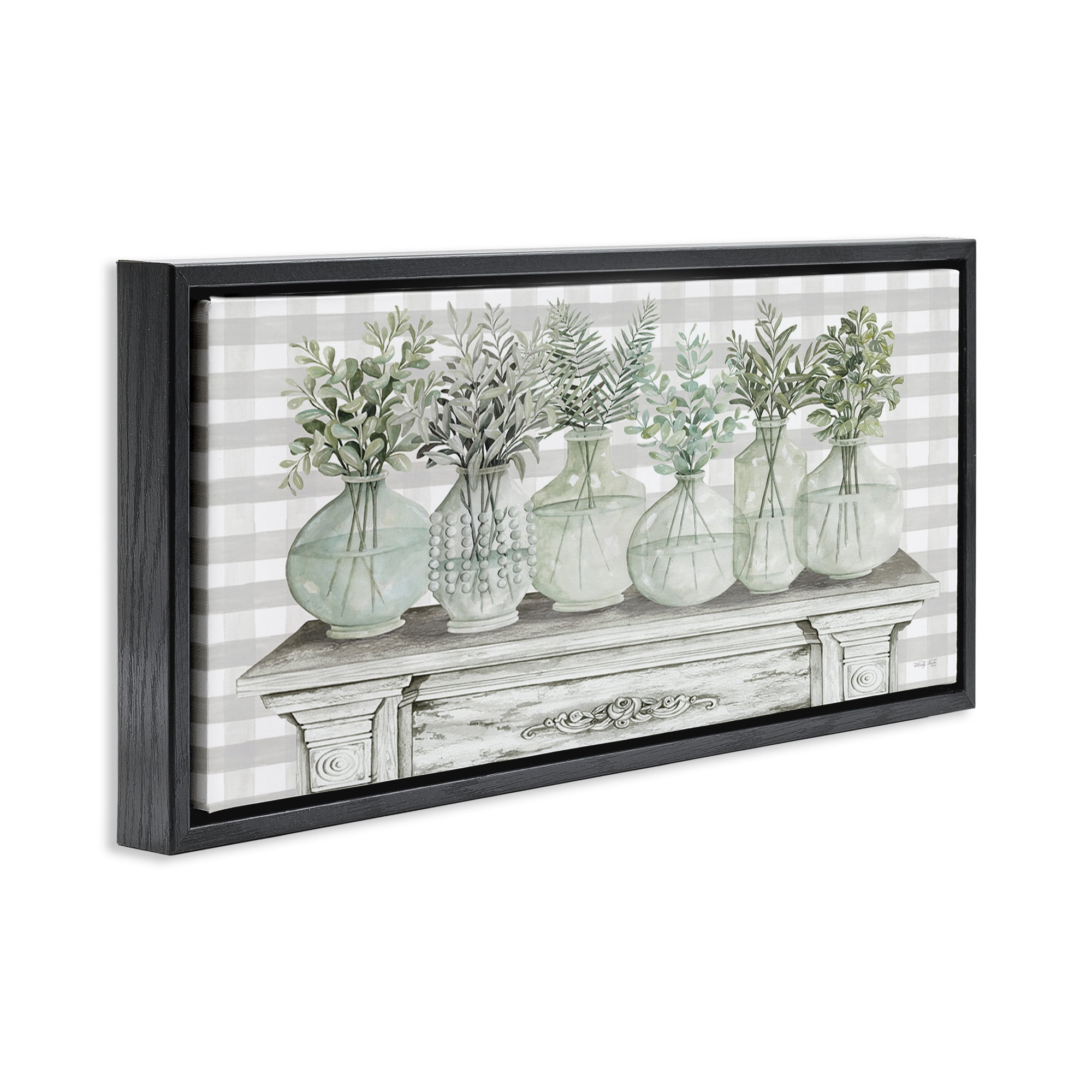 Stupell Industries Country Herb Jars on Gingham Botanical & Floral Painting Black Floater Framed Canvas Art Print Wall Art, 25 x 11