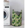 thumbnail image 3 of Tropical Laundry Bag, View of Hawaiian Style Flamingos Monstera Banana Leaves and Lavish Flowers Pattern, Basket with Handles Drawstring Closure for Laundromats, 13" x 19", Multicolor, by Ambesonne, 3 of 4