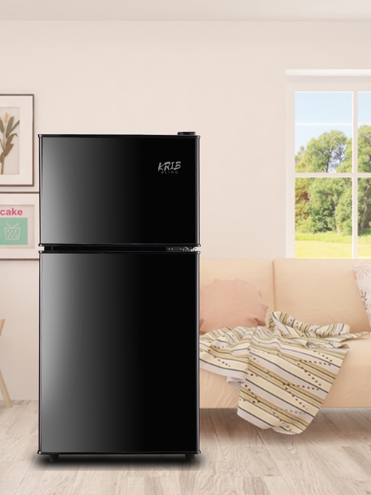 Krib B Compact Refrigerator 3.5 Cu.ft, Mini Fridge with Freezer, Modern Fridge with Dual Door, 7 Grade Temperature Adjustment, Black