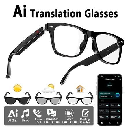 AI Translation Smart Glasses with Chat GPT for Men and Women - Real-time Translator 164 Languages, Music Playback & Hands-Free Calls Touch Control, Photochromic Lenses for Daily Use, Travel