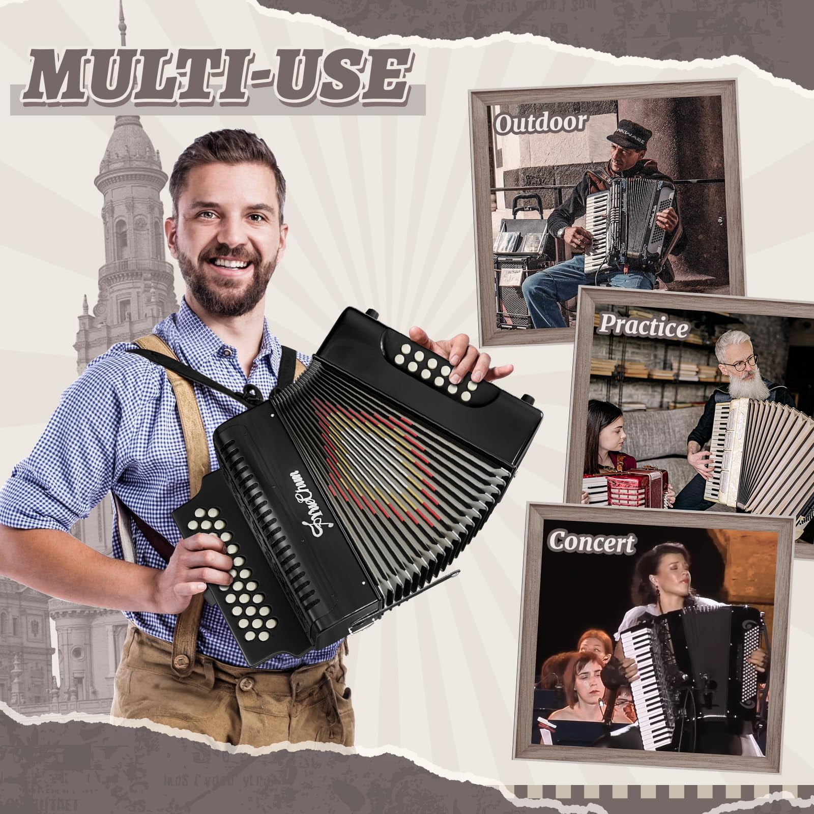 YueChun Accordion, 31 Keys 12 Bass G/C/F Diatonic Button Accordion , Portable Professional Button Accordion with Case (Black)