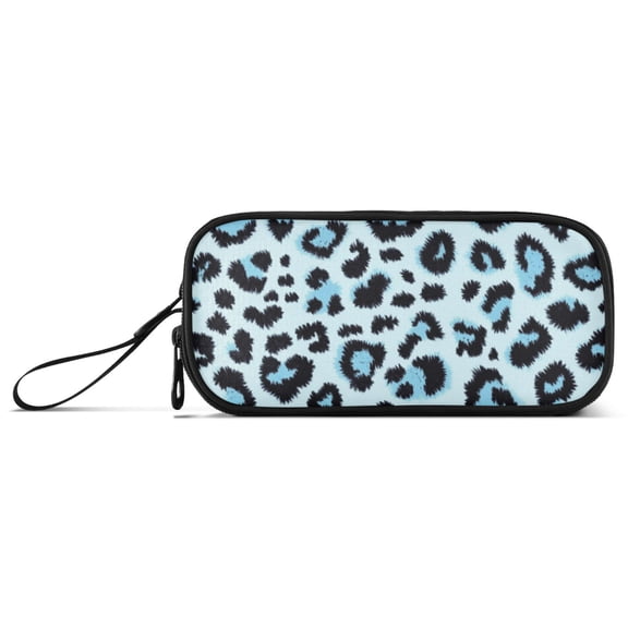 Blue Black Leopard Skin Print Pencil Case Stationary Holder Pen Bag Pencil Pouch Tool Organizer 3 Compartments