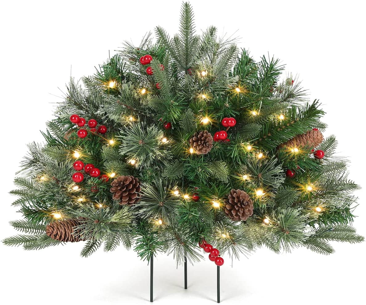 OasisCraft Outdoor Christmas Tree Frosted Urn Filler, Pre-lit Artificial Xmas Tree with Cones & Red Berries, 18 Inch Small Christmas Tree with 50 Warm Lights