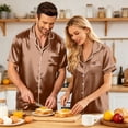 thumbnail image 5 of （Mens） Couple Matching Sets Silk Short Sleeve Button Down Sleepwear Satin Shorts Set Soft Loungewear Camel XL, 5 of 8