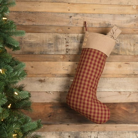 Burgundy Red Primitive Christmas Decor Burgundy Check Button Fabric Loop Cotton Buttons Check Stocking - Walmart.com