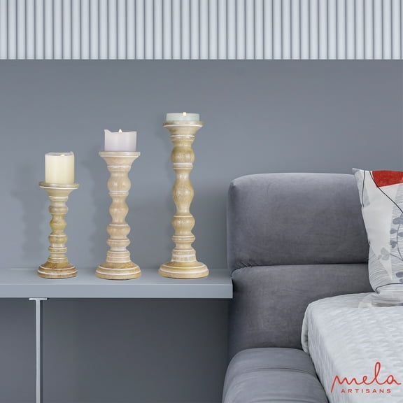 Mela Artisan Pillar Candle Holders Set of 3, Mangowood Wood Holder, 9" x 12" x 15", Whitewash