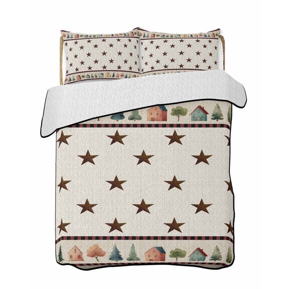 Quilts Twin-XL Size Bedding Set, Farmhouse Country Lightweight Quilted Comforter, Vintage Rustic Cabins Stars Tree on Linen Soft Bedspread Coverlet with Pillow Covers for All Season, 68" x 98"