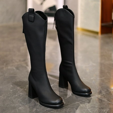 

HHH Brown below the Knee High-Heeled Thigh Boot Women s Autumn and Winter New Round Head Chunky Heel Fashion Boots Back Zipper All-Match High-Top Boots