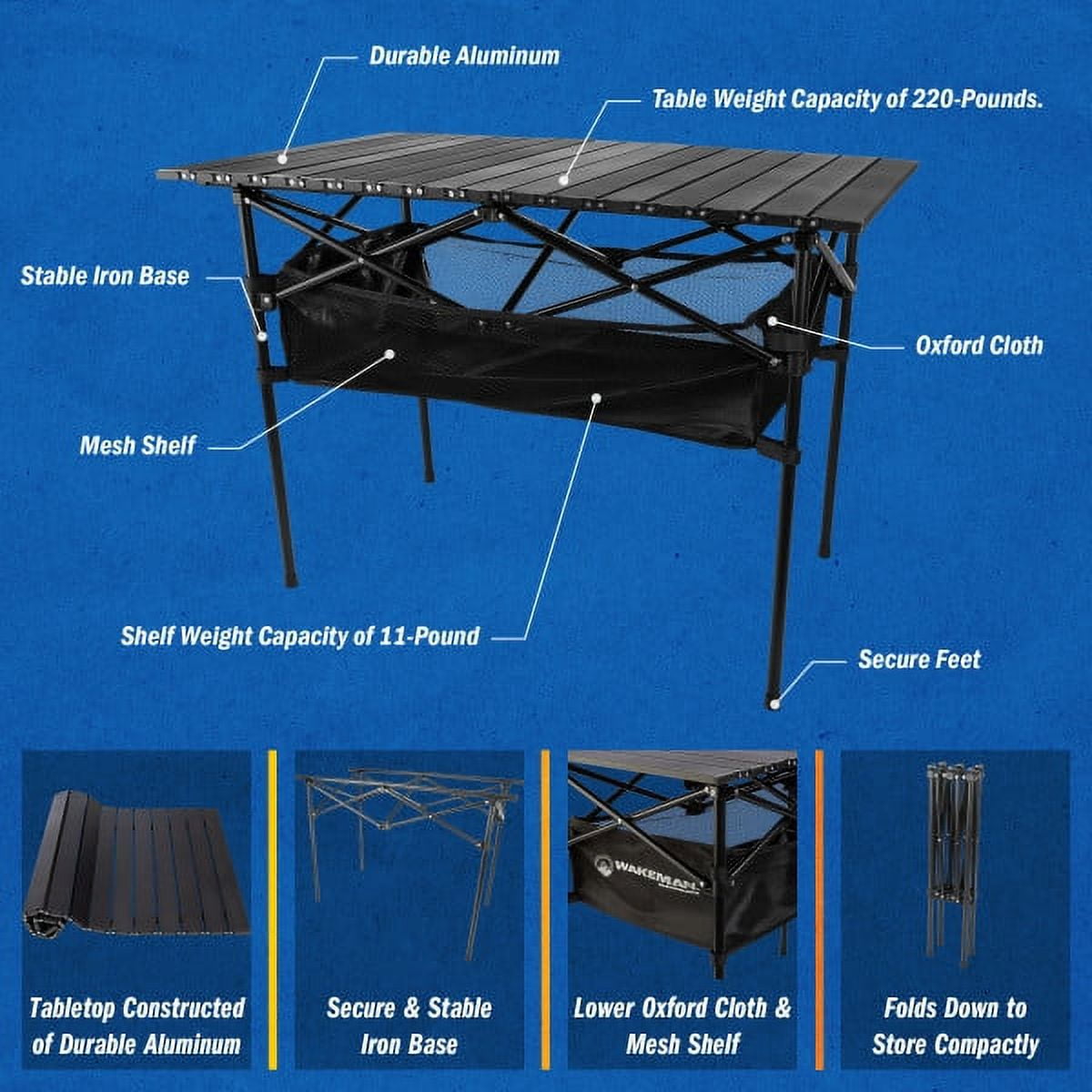 Wakeman Outdoors Camping Table with Storage Shelf and Carrying Bag, Black