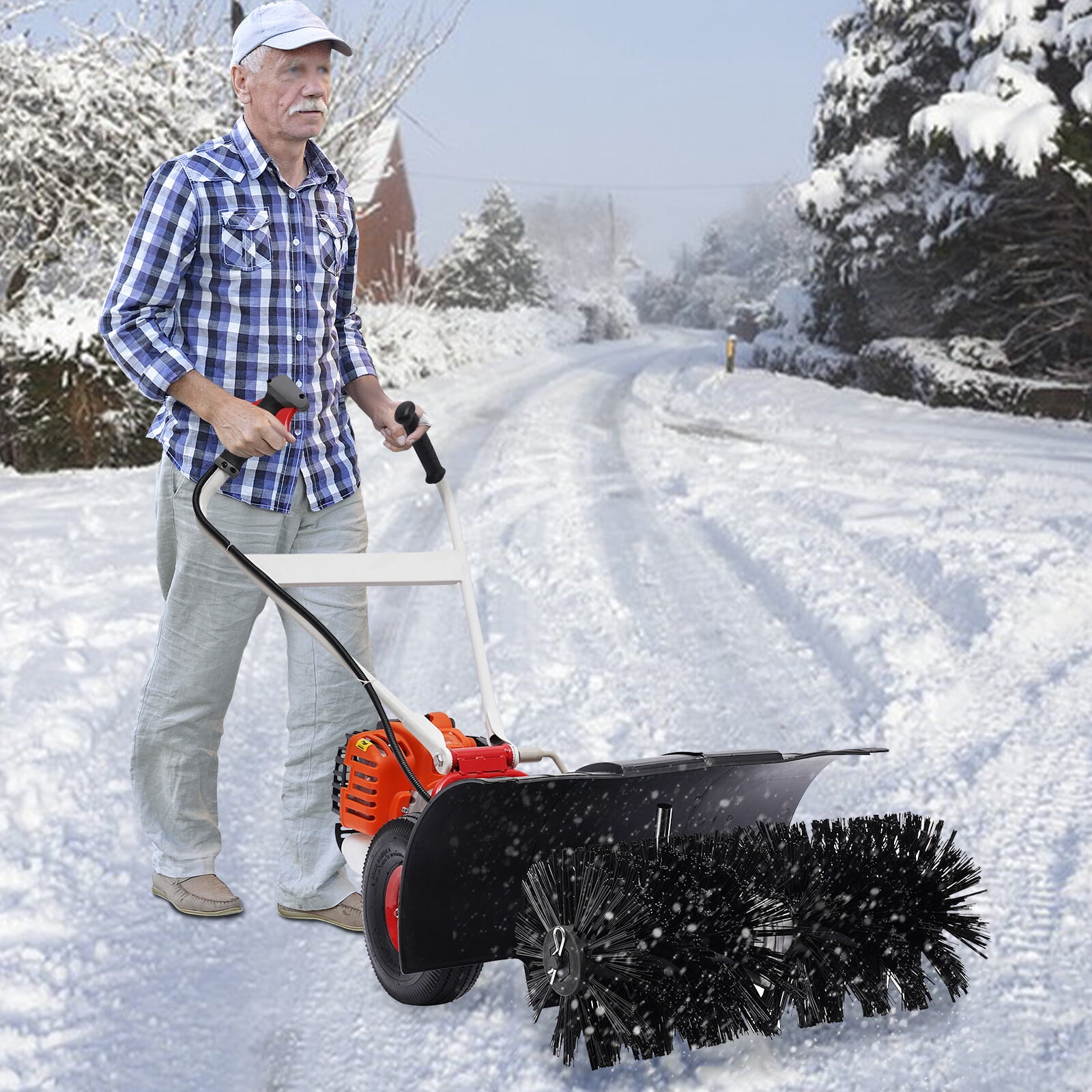 52CC 2-Stroke 2.5HP Walk Behind Gas Powered Sweeper Broom, Driveway and Lawn Snow Removal Sweeper, Artificial Turf Snow Sweeper, for Lawns, Fallen Leaves, Artificial Turf, and Gravel