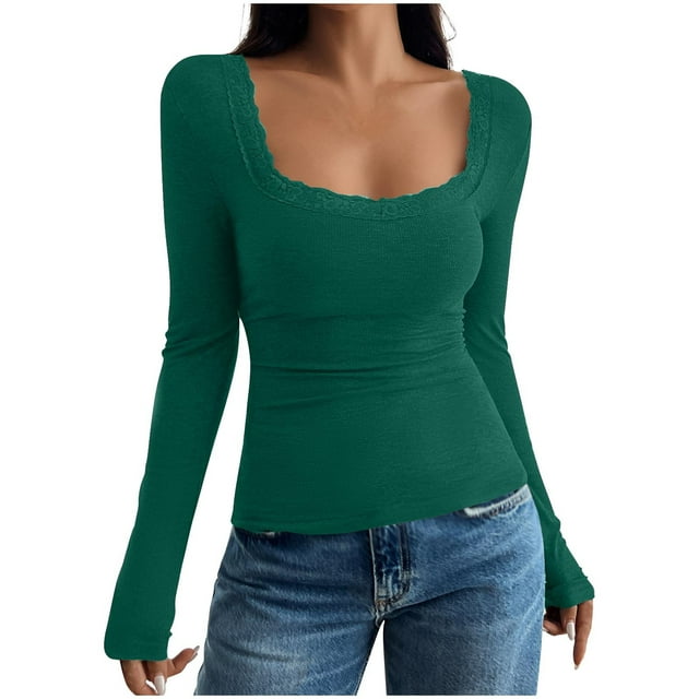 Chbgutlmr Tops for Women Square Neck Lace Patchwork Slim Fitting Long Sleeve Going out Knit Tops Fall