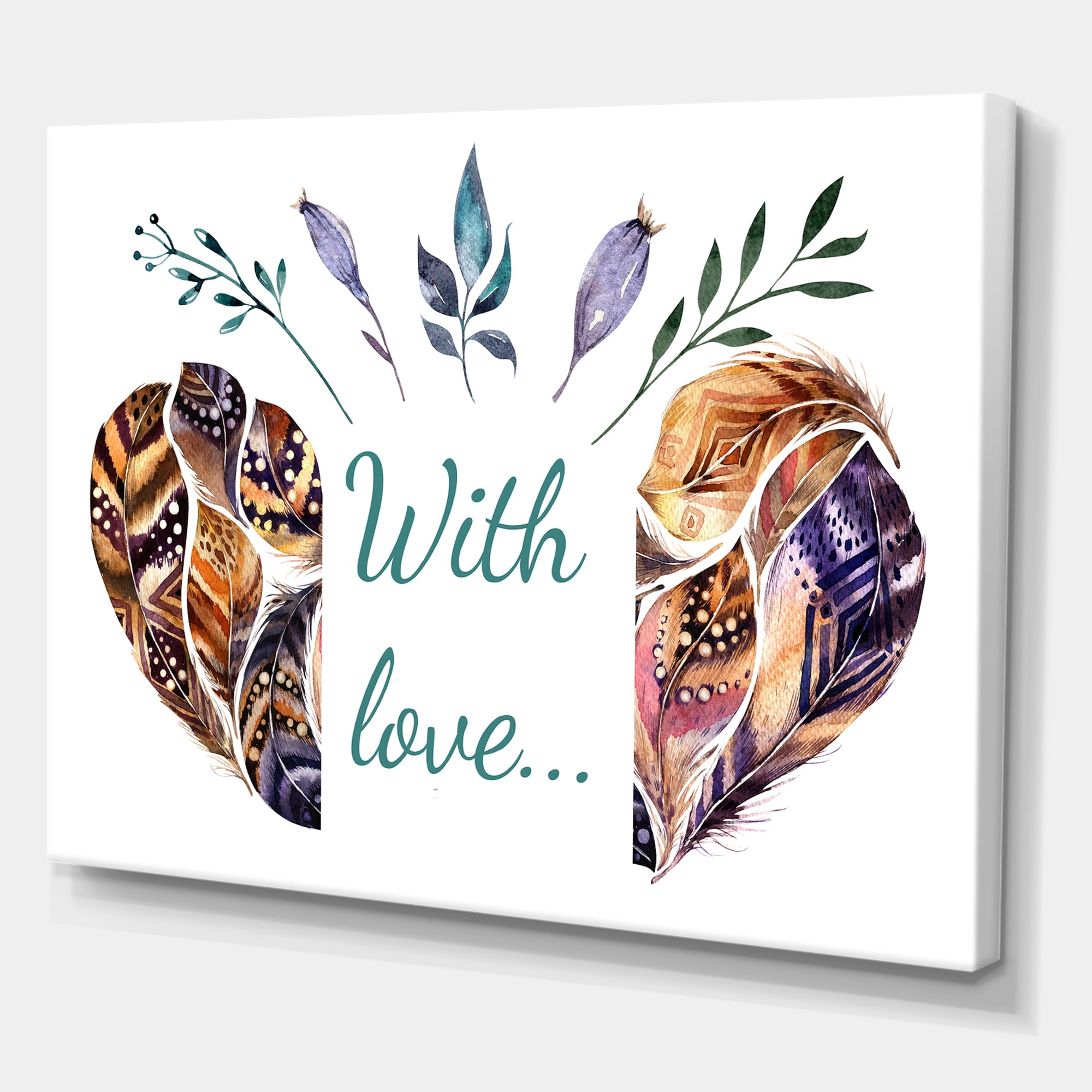 Designart ' Hearted Shaped Feathers With Love ' Traditional Canvas Wall Art Print