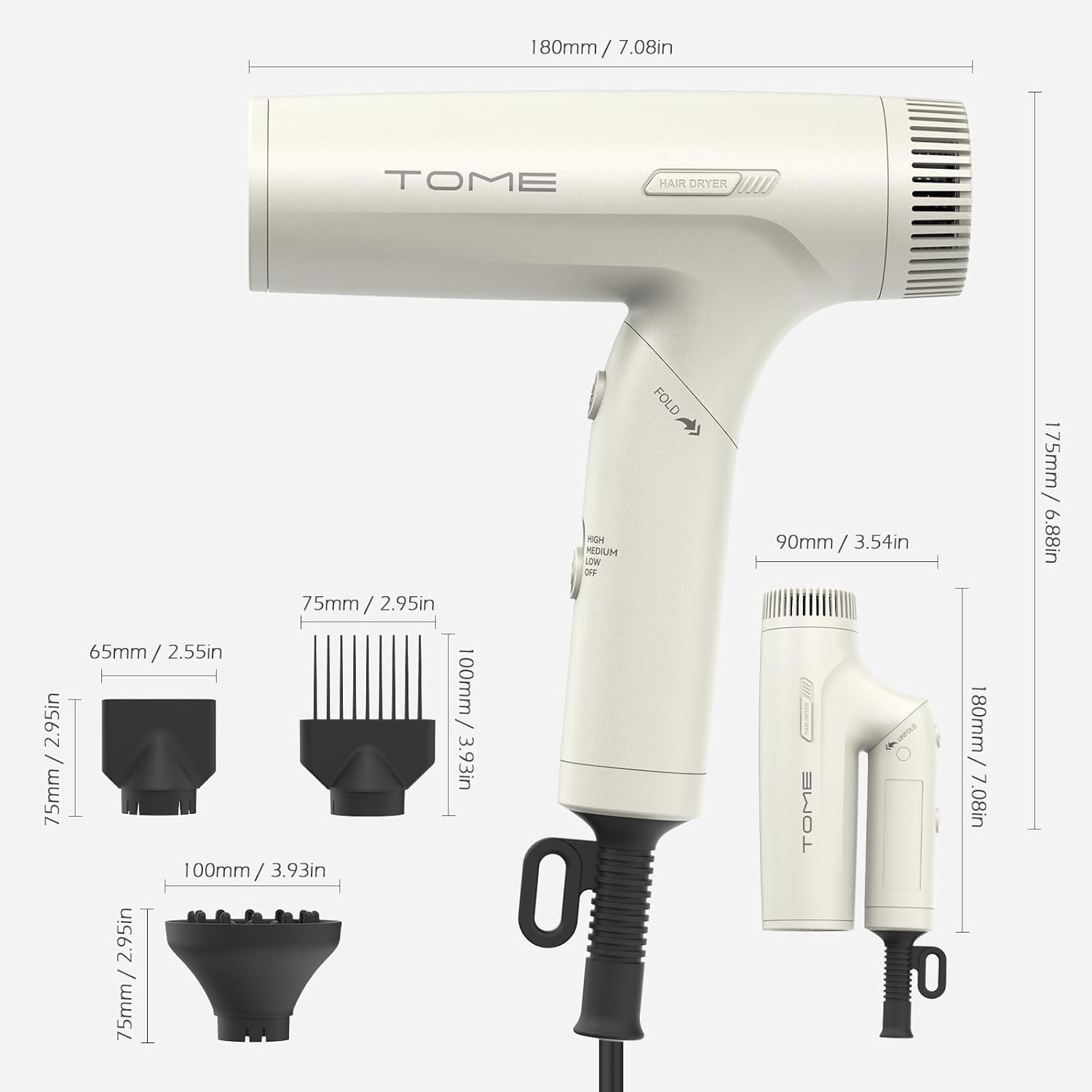 TOME Dual Voltage 1200W Hair Dryer with Diffuser,Foldable Travel Blow Dryer 3 Speed Setting with Comb Nozzle Power Adapter