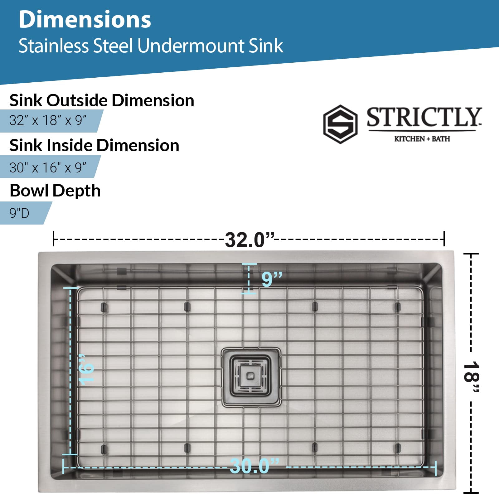 Strictly Sinks 32 Inch Undermount Single Bowl Kitchen Sink – Sink with Bottom Grid & Drain – Silver