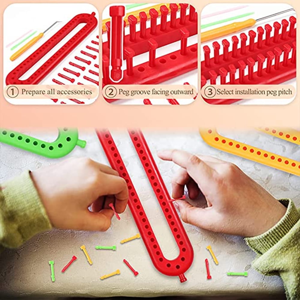 KEINXS 3 Pieces Rectangular Knitting Loom Set, Dense Pegs, Colorful Plastic Weaving Looms, Hat Scarf Loom Set, DIY Craft Tools, Yarn Weaving Kits with a Crochet Hook and Needle (Color is Random)