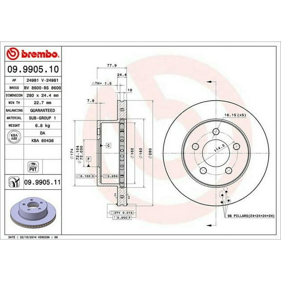 Brembo 09.9905.11 BRAKE ROTORS Fits select: 2000-2001 JEEP CHEROKEE SPORT, 1999-2002 JEEP WRANGLER / TJ SPORT