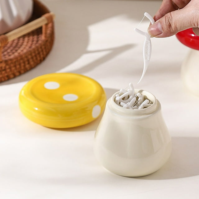 Soporte de cerámica con forma de hongo para palillos de dientes y frasco para hisopos de algodón,ideal para guardar objetos en el baño o la sala de estar (amarillo,1 pieza). Rkxzt