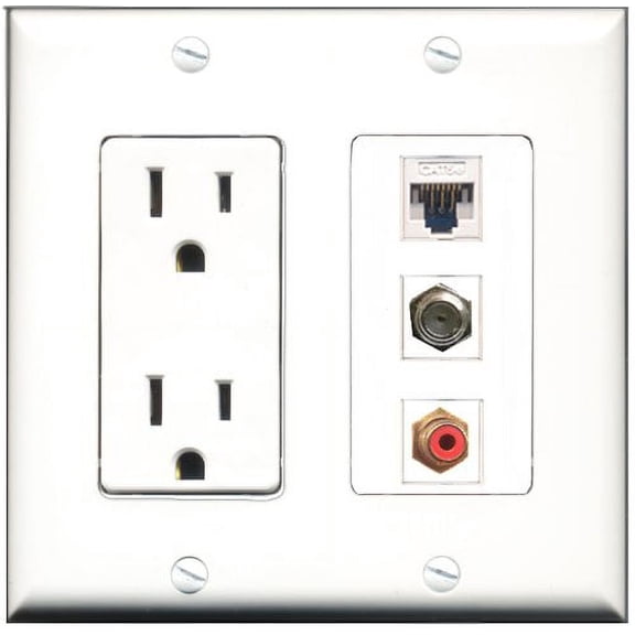 RiteAV - 15 Amp Power Outlet 1 Port RCA Red 1 Port Coax 1 Port Cat5e Ethernet White Decorative Wall Plate