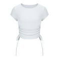thumbnail image 4 of Crop Tops for Women Trendy Round Neck Drawstring Short Sleeve Shirts Casual Slim Fit Girls Summer Tunic Blouses White, 4 of 6