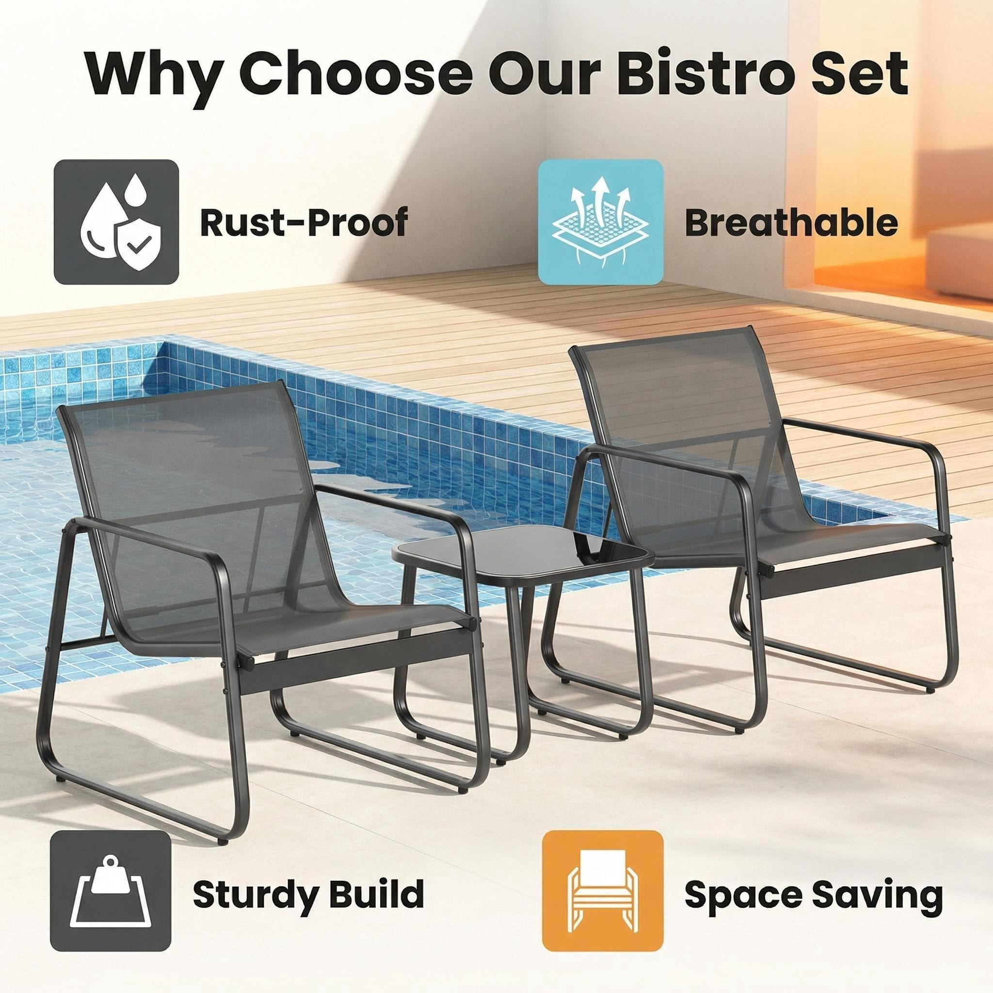 Lofka 3-Piece Patio Furniture Set with Coffee Table for Garden| Balcony| Bistro, Textilene,Black