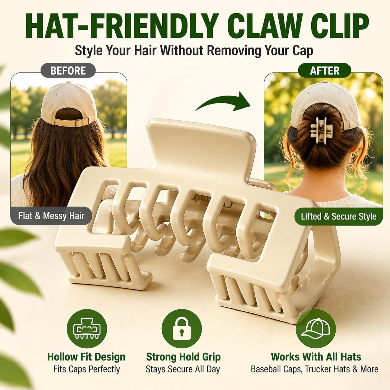 8 Pack Hat-Friendly Claw Clips for Baseball Caps, Non-Slip Strong Hold Hair Clip for Hat Women, Large Trucker Hat Claw Clip for Thick Thin Hair