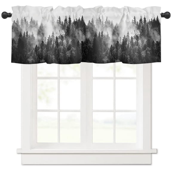 Hokiten Rod Pocket Curtain Valance, Black Forest Farmhouse Window Valance for Living Room, Bedroom, Kitchen Black and White Natural Landscape Modern Abstract Art 42"W x 18"L