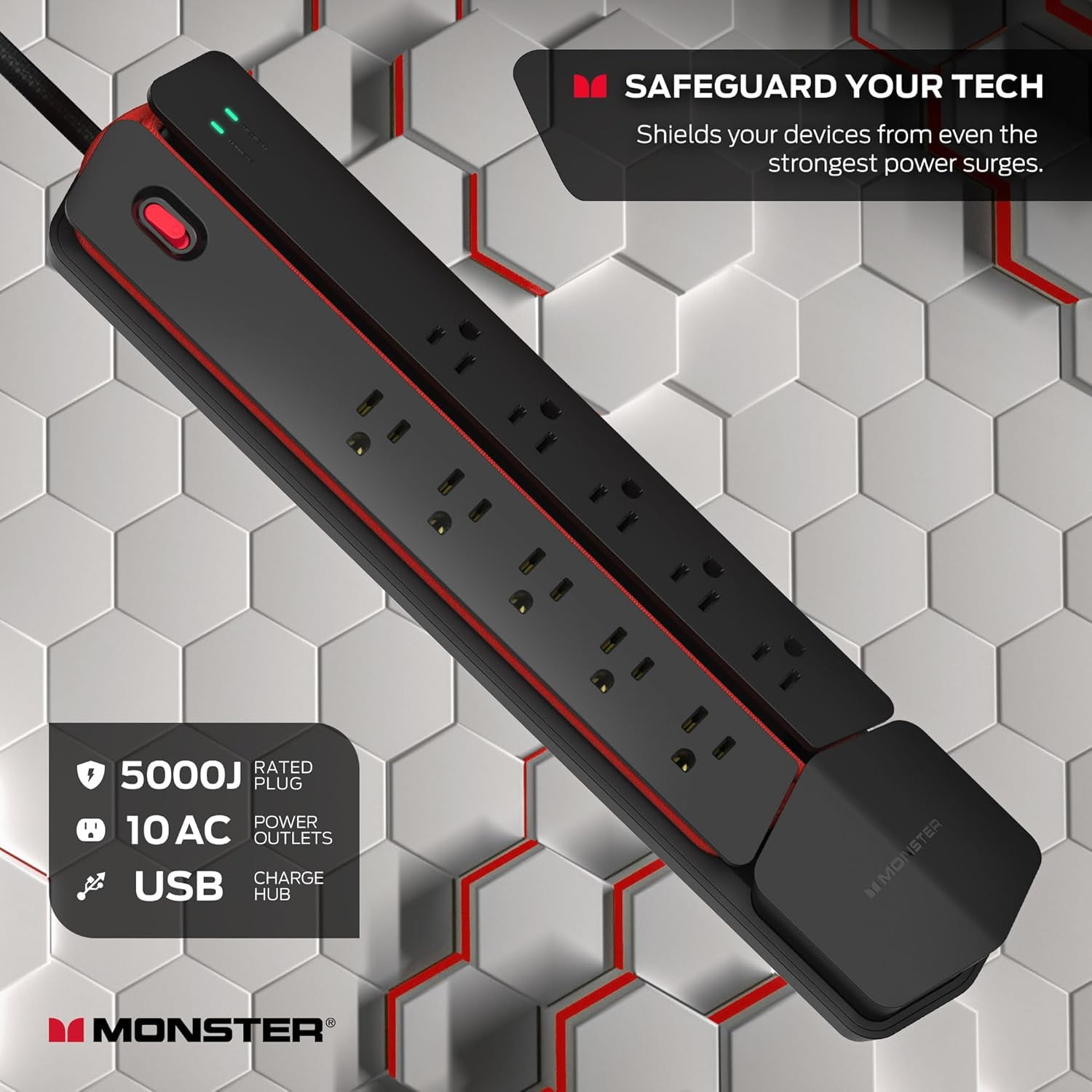 Monster Power Center Vertex XL: Surge Protector Power Strip, 10 AC Outlets, 2 USB-A, 1 USB-C (20W)