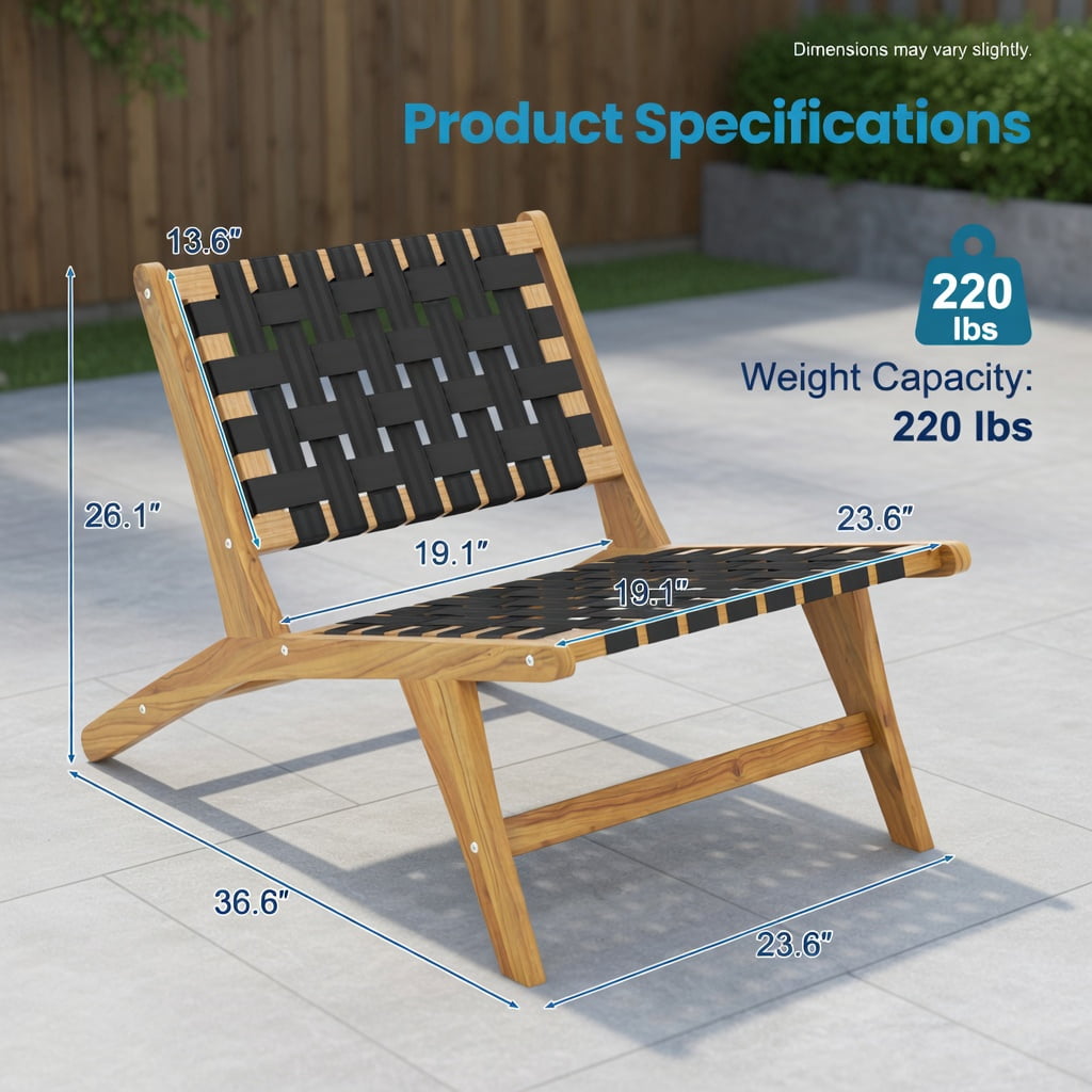 Hommoo Indoor & Outdoor Teak Wooden Chair with Woven Webbing Seat and Ergonomic Backrest, Lightweight & Weather-Resistant Patio Seating, Natural + Black