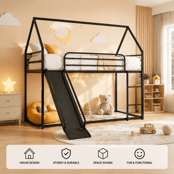 CZBZ Twin Over Twin House Bunk Bed with Slide & Reversible Ladder, Metal Loft Bed Frame with Roof Design, Safety Guardrails, Space-Saving Montessori Floor Play Bed, Black