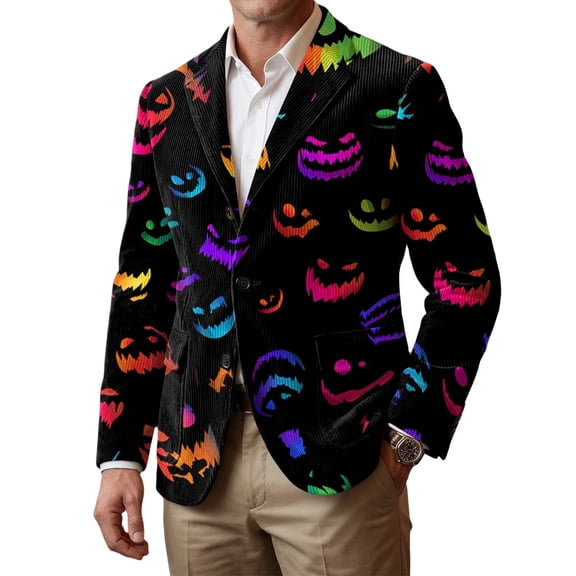 Delconic Mens Corduroy Blazer Halloween Print Sport Coat Casual Business Jacket Two Button Notch Lapel Tailored Fit Party Outerwear Black L