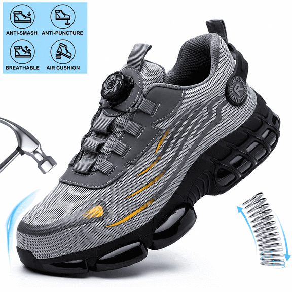 XQJ Steel Toe Shoes for Men Women Air Cushion Sneakers Lightweight Breathable Safety Work Shoes Industrial Construction Anti-puncture Safety Shoes Sneakers Grey Size 5