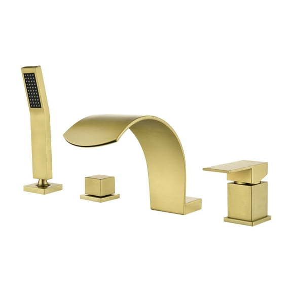 Cobbe Bathroom Bathtub Shower Faucet Set with Handheld Sprayer and 3.78-Inch Wide Tub Spout Single Handle 4-Hole Mount  Brushed Gold