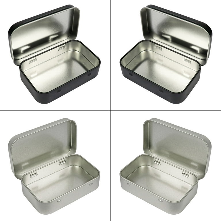 4 Pack Metal Rectangular Empty Hinged Tins Box Containers 3.75 by 2.45 by  0.8 Inch Silver & Black Mini Portable Box Small Storage Kit Home Organizer