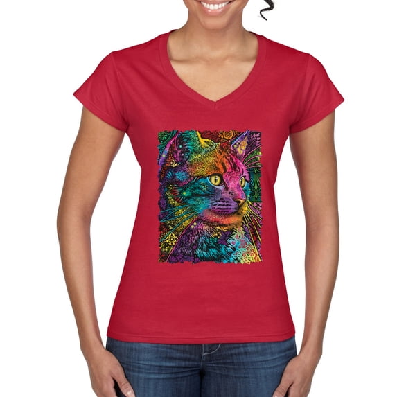 Colorful Cat Portrait | Cat Lover Owner | Dean Russo Art Animal Lover Women’s Standard V-Neck Tee, Red, 2XL