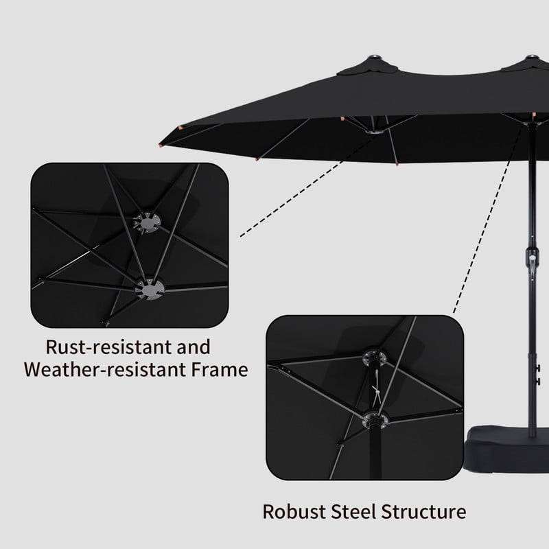 Meetleisure 15FT Large Patio Umbrella with Base Included, Outdoor Double Sided Rectangle Umbrella, Crank Handle, 12 Sturdy Ribs, for Deck Porch Pool, Black