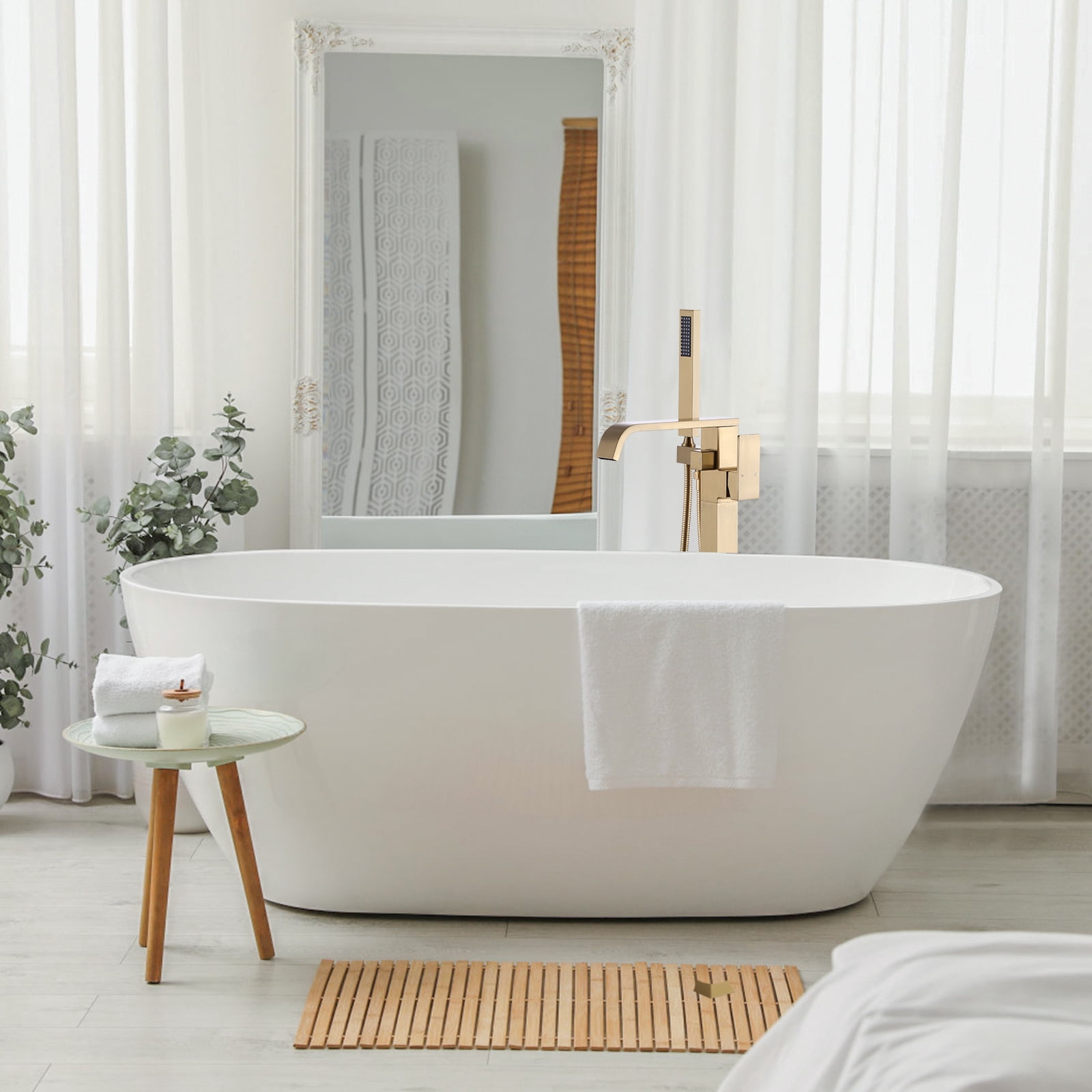 Wowow Single handle Floor Mount Freestanding Waterfall Bathtub Faucet in Gold with Handheld Shower (Valve Included)