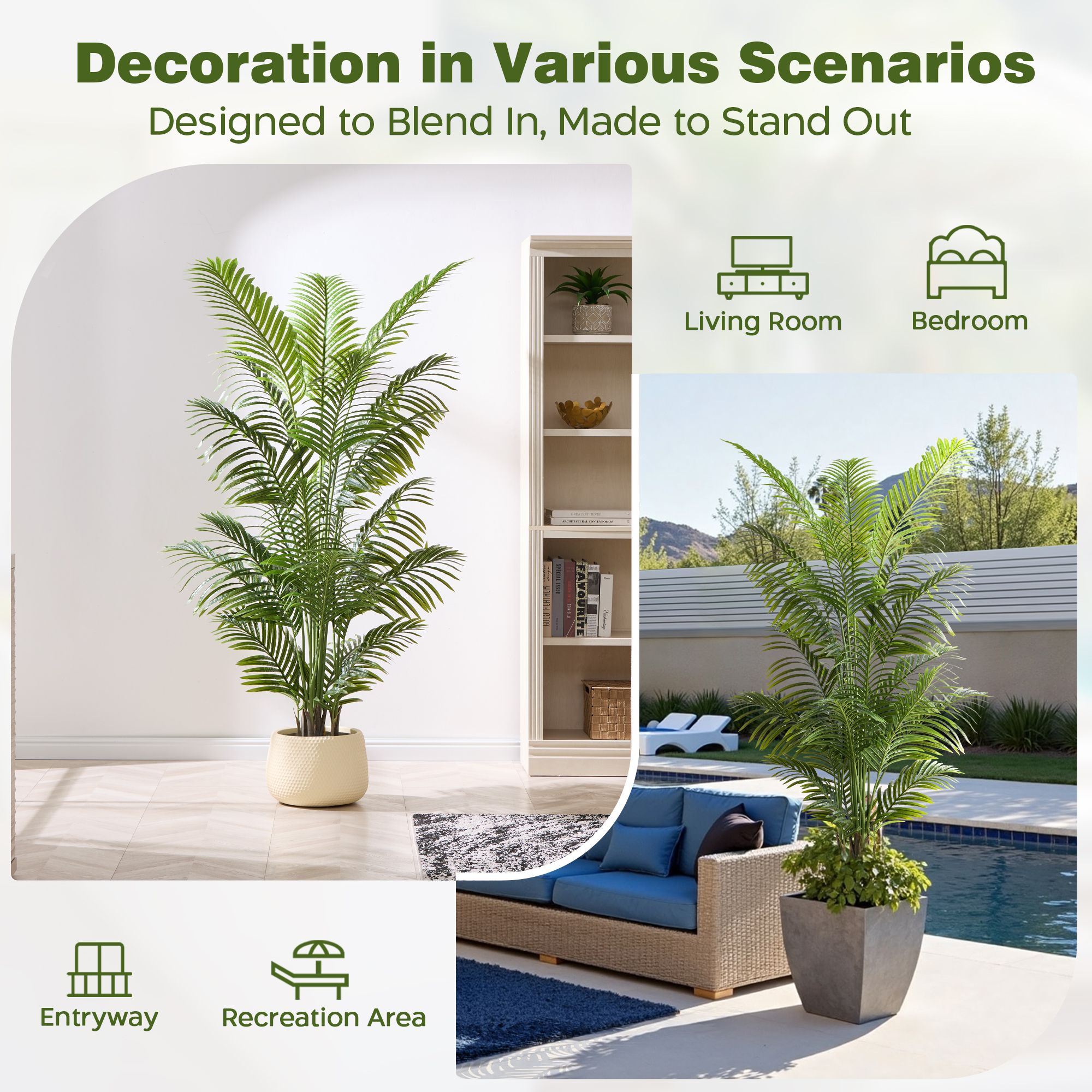 6ft Tall Artificial Areca Palm Tree (2-Pack) - UV Resistant Indoor/Outdoor Fake Potted Plant in Cement Pot, Realistic Tropical Decor for Patio, Living Room, Office
