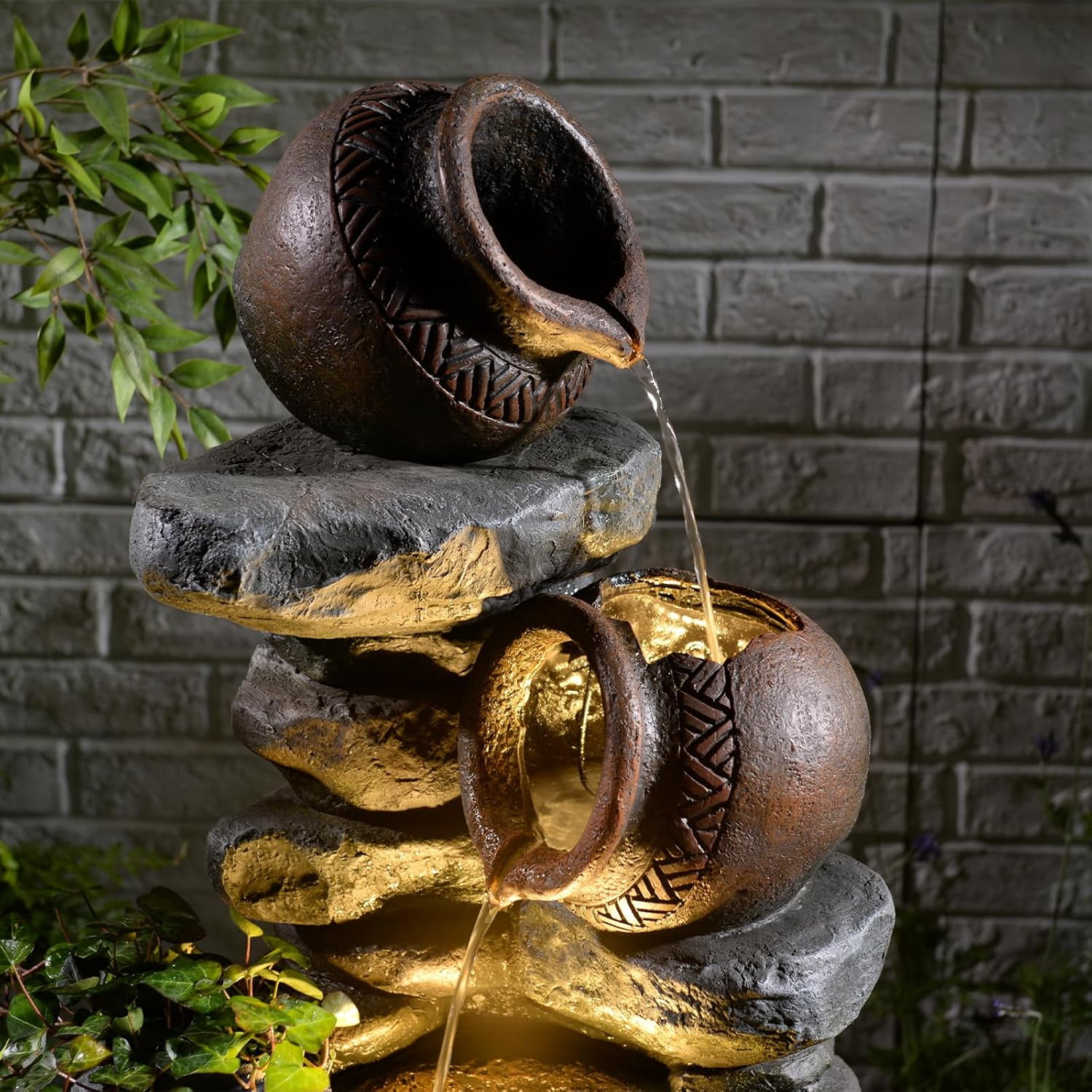 Garden Water Fountain Outdoor Decor - 38.4" 3 Tier Standing Cascading Waterfall Outdoor Water Fountain with LED Lights & Pumps,Natural Design for Garden,Patio, Porch, Backyard, Home Art Decor