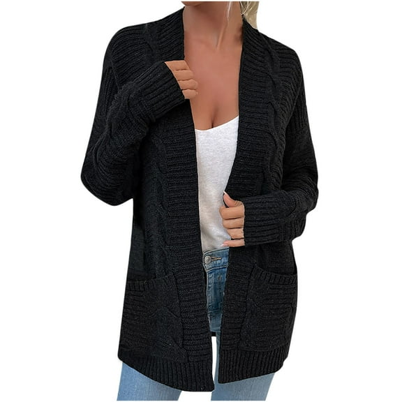 Idoravan Black Cardigan for Women Fashion Women Casual Long Sleeve V-Neck Solid Sweater Ladies Tops Coat