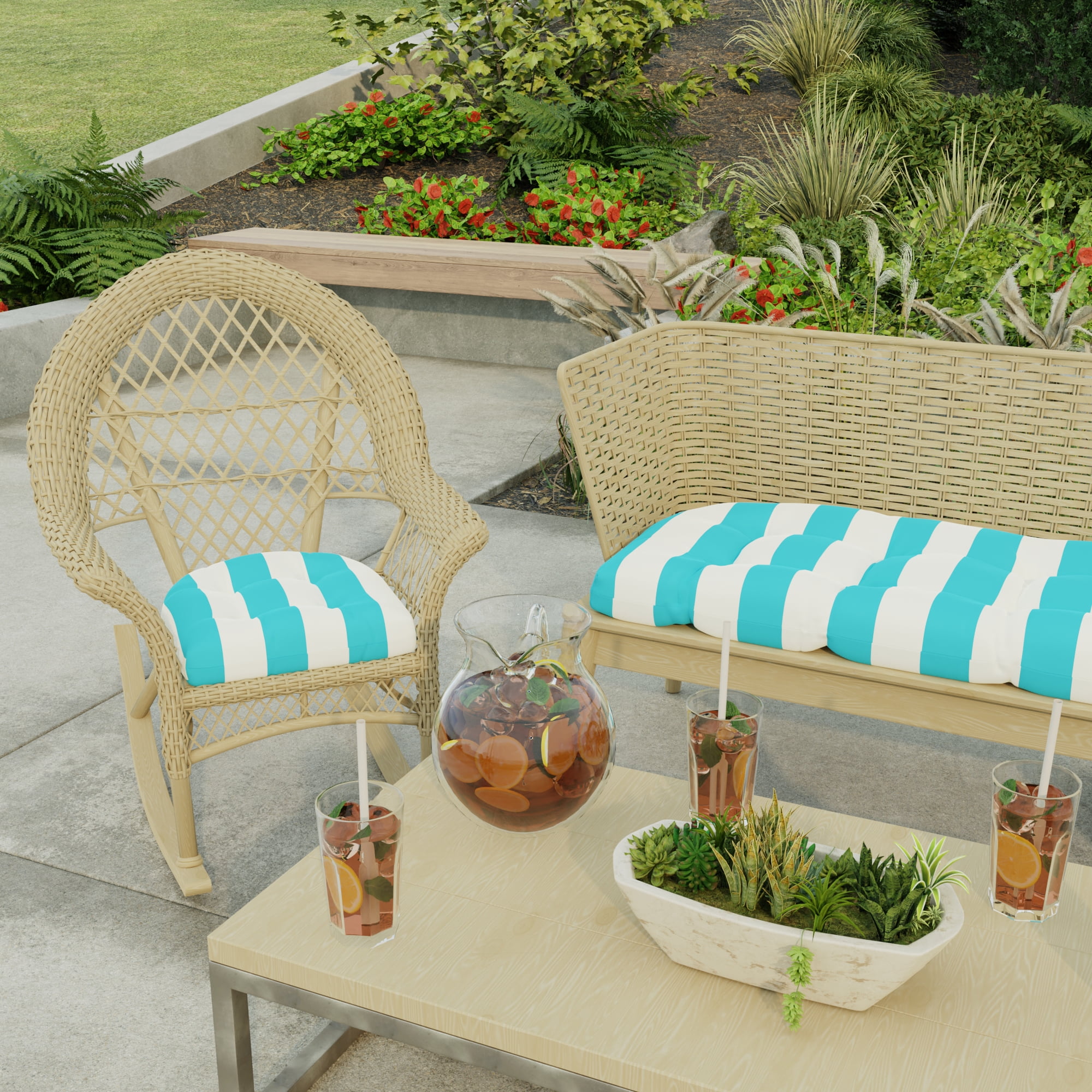 Jordan Manufacturing 19" x 19" Cabana Turquoise Stripe Square Tufted Contoured Outdoor Wicker Seat Cushion (2 Pack)
