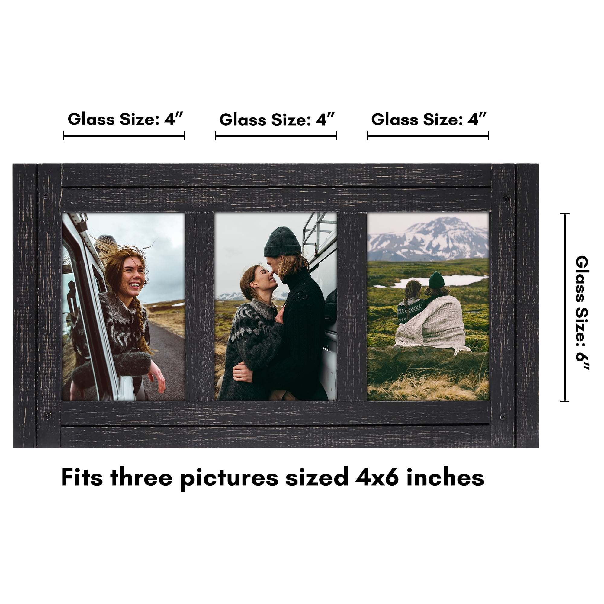 Americanflat 4x6 Hinge Frame Hinged Triple Photo Openings Polished Glass Distressed Collage - Charcoal Black