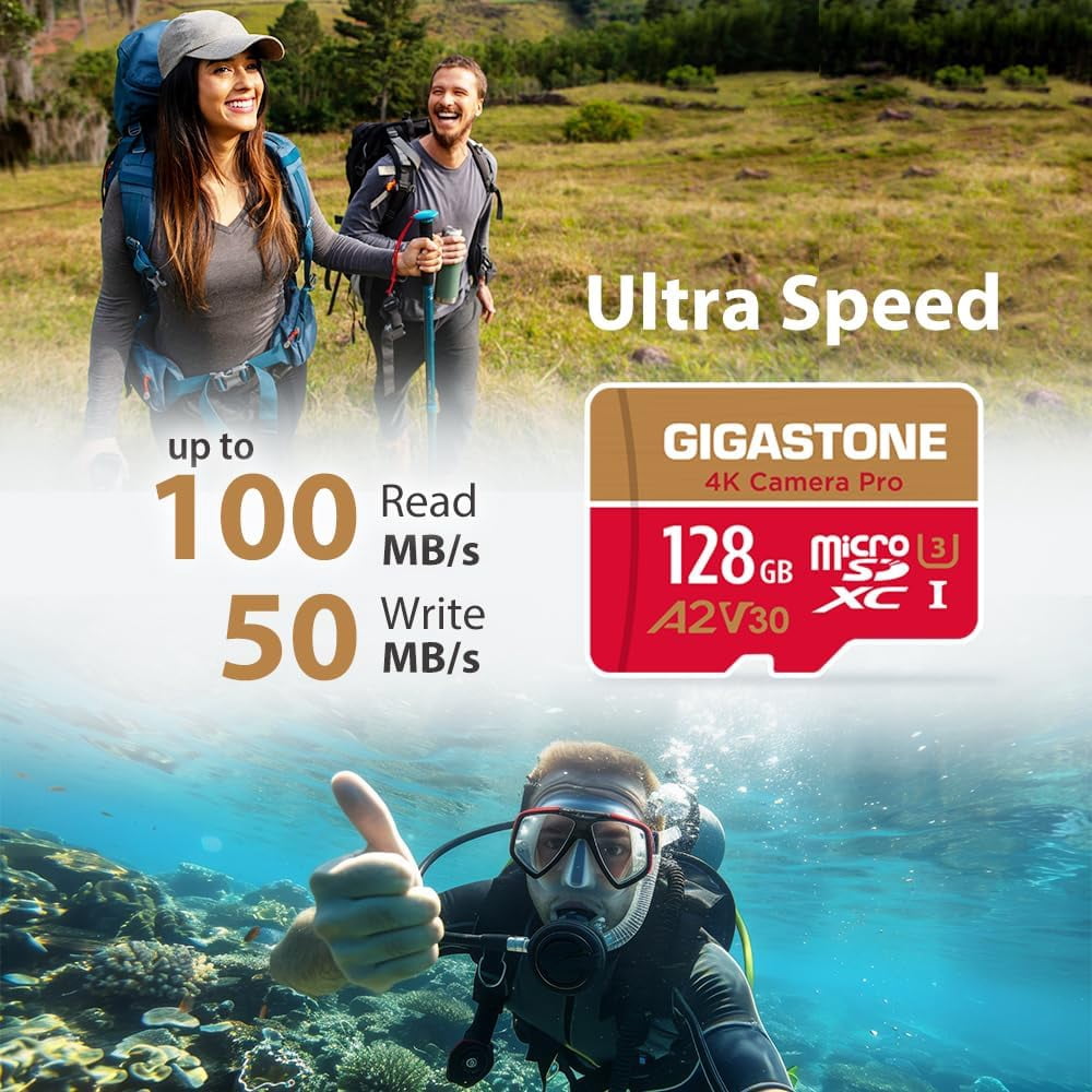 Gigastone 128GB Micro SD Card, 4K Video Recording, 4K Camera Pro, compatible with Nintendo Switch, Dash Cam, GoPro Cameras, R/W up to 100/50 MB/s, Micro SDXC UHS-I A1 V30 Class 10, 2 Pack (2x128GB)