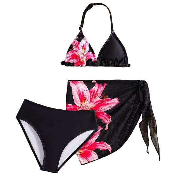 YDFCWXW Girl's 3 Piece Bikini Swimwear Cute Swimsuits Bathing Suit High Waisted with Cover Up Beach Skirt (Black, 9-10 Years)