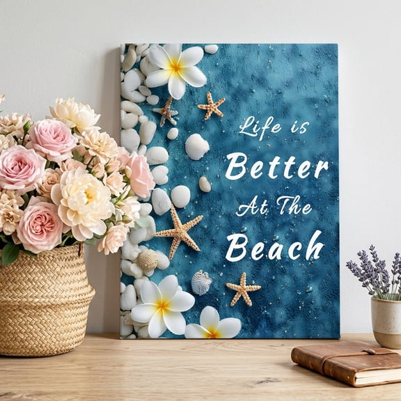 Canvas Wall Art Life Is Better At The Beach Canvas Art Print Summer Ocean Starfish Flower Seashell Wall Decor for Living Room Bedroom Artwork Decorations Stretched Framed Ready to Hang 8"x10"
