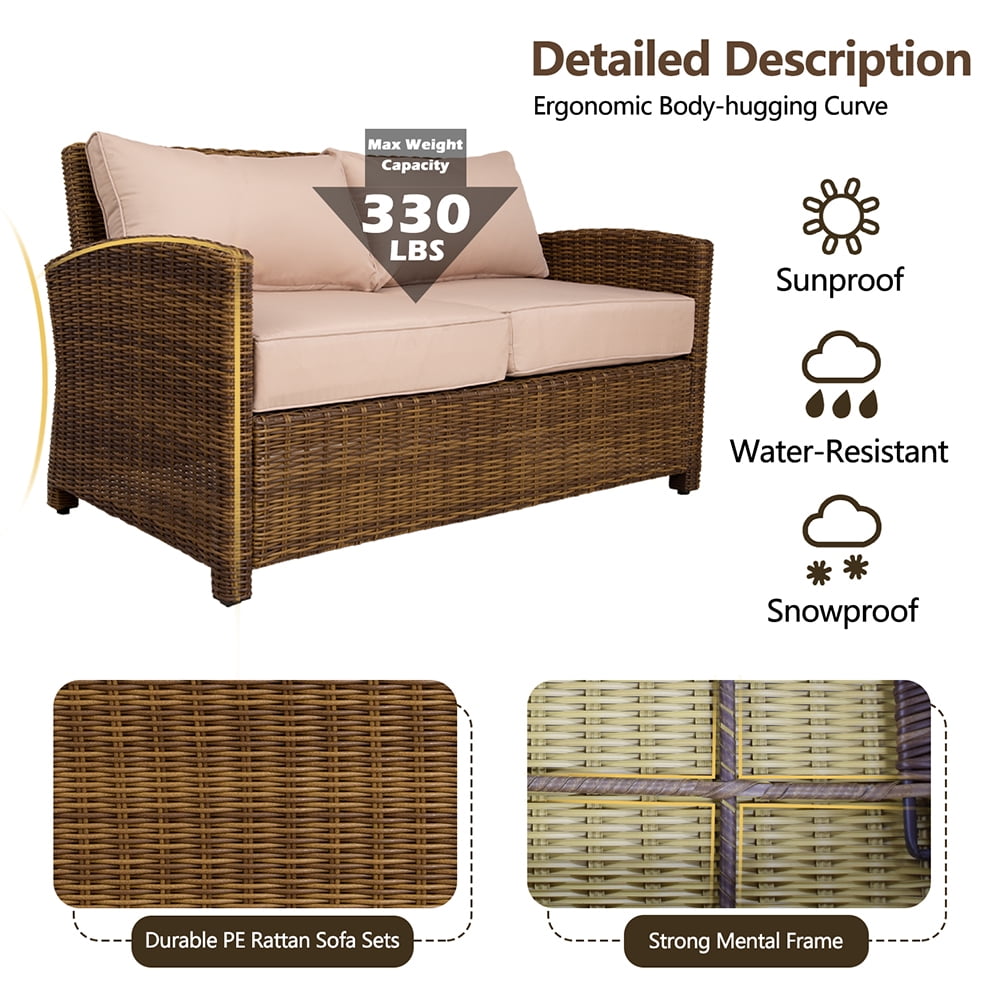 Kadyn 5 Pieces Patio Furniture Set, Outdoor Patio Rattan Furniture Sofa Set for Bistro, PE Rattan Conversation Set with 2 Table, Loveseat and 2 Single Chairs, Khaki