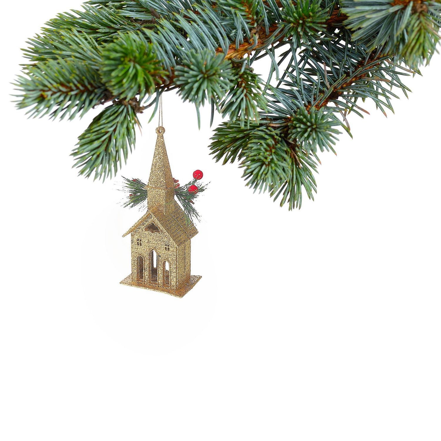 Christmas Gold Glitter Ornament Church - Set of 12