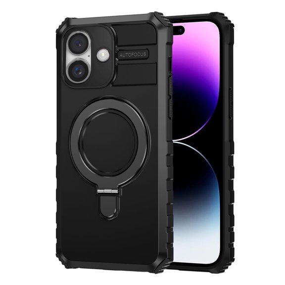 I&H for iPhone 16 Case 6.1 inch Compatible with MagSafe Magnetic, with Ring Kickstand, Military Grade Heavy Duty Cover Black