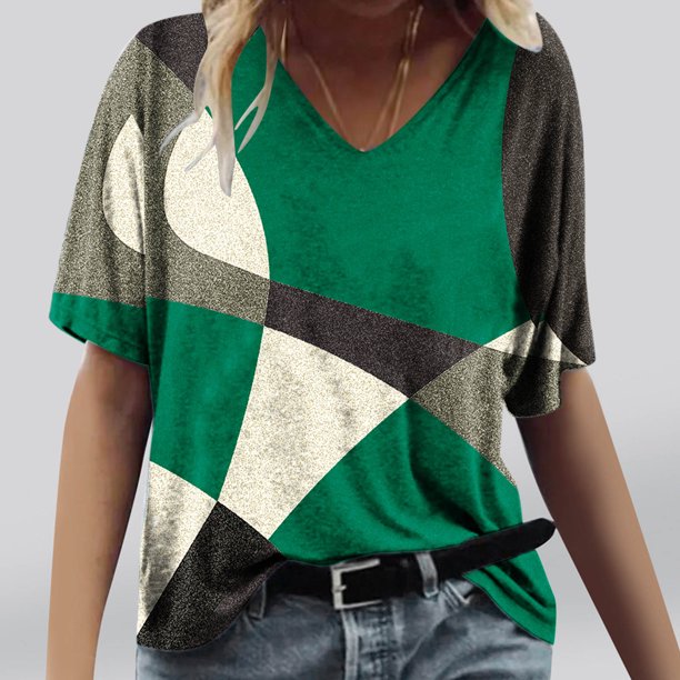Fiudx Ropa de Mujer Camisetas Holgadas de Manga Corta con Cuello En V Informales con Estampado de Moda para Mujer