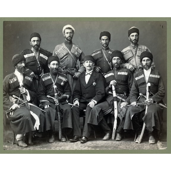 Print: Group Portrait Of Eight Circassian Men In Uniform, With Another