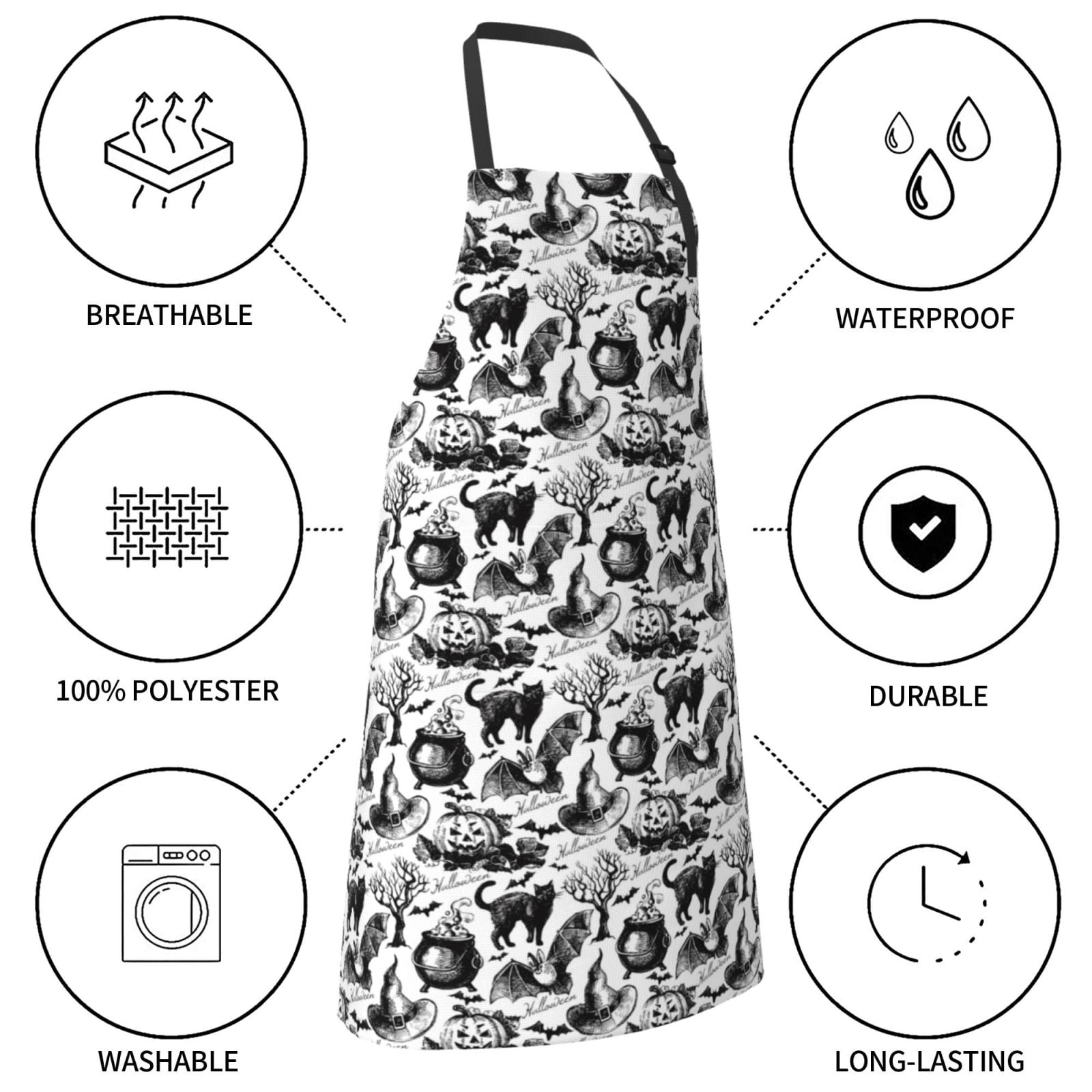 Kdxio Black White Halloween Apron with Pockets Adjustable Kitchen Aprons for Men Women Waterproof Aprons for Cooking,Drawing,Crafting, Baking Household Cleaning